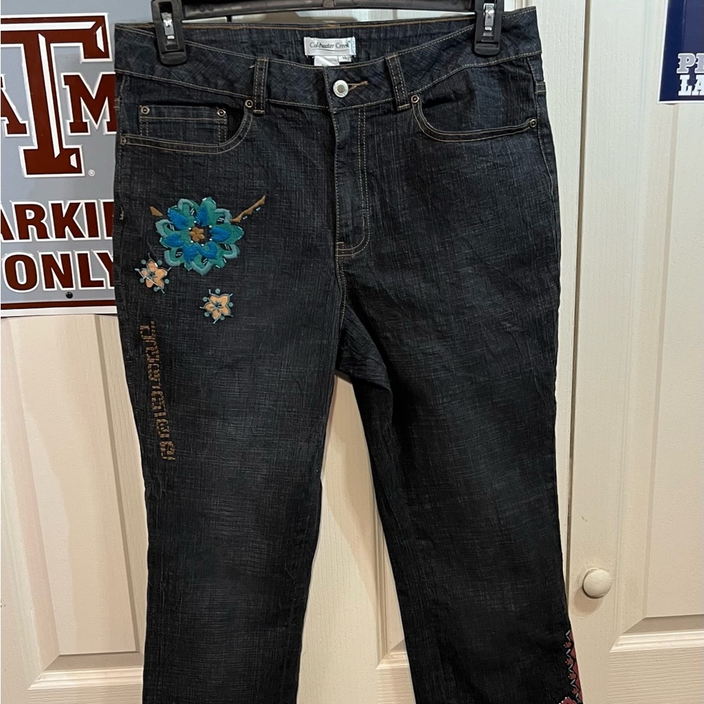 Coldwater Creek Black Bootcut Jeans with Teal Floral Applique